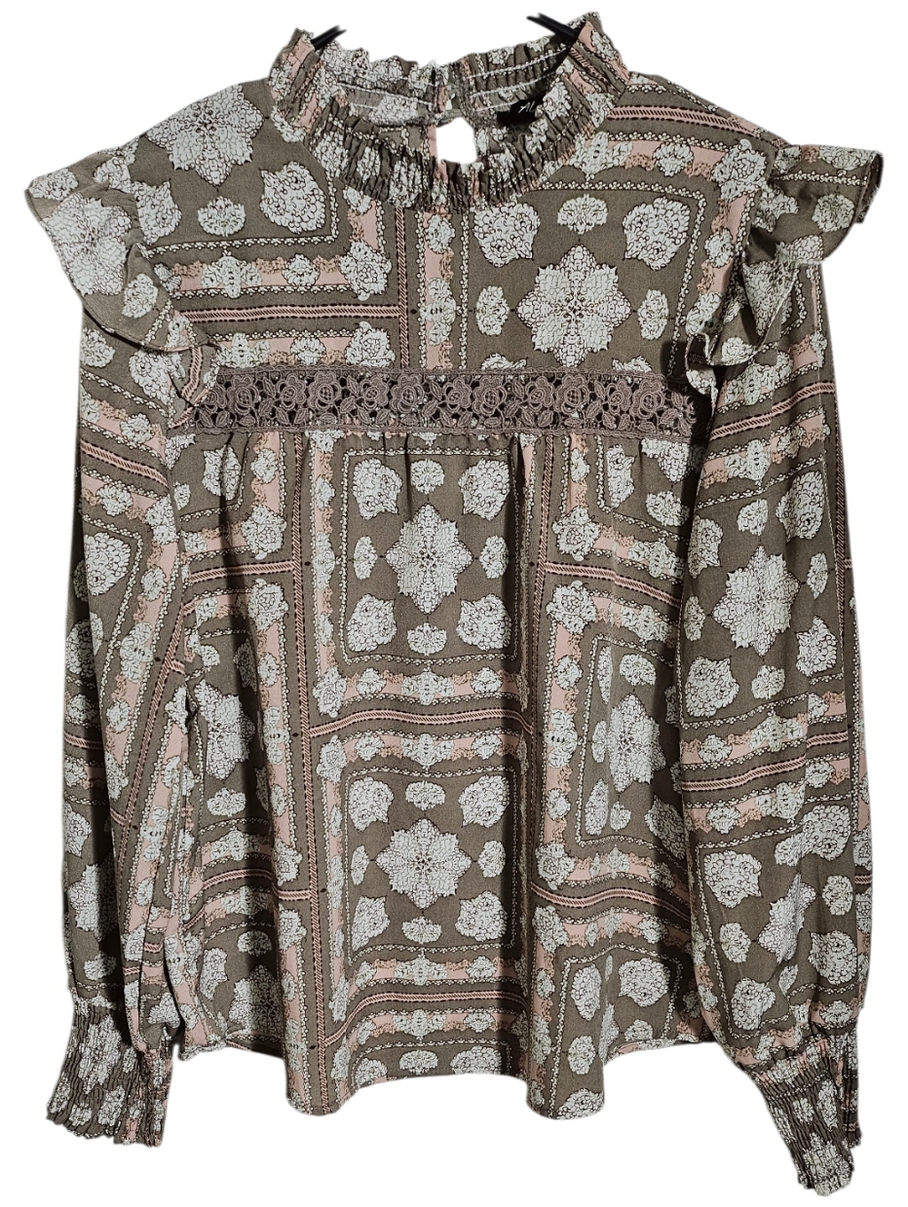 Alice Blue Boho Paisley Ruffle Blouse with Lace Trim - Size L Pre Owend